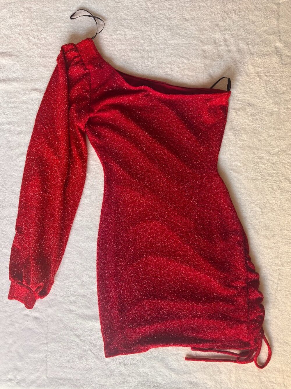 Windsor Red Glitter One-Shoulder Bodycon Mini Dress | Size Small | Ruched